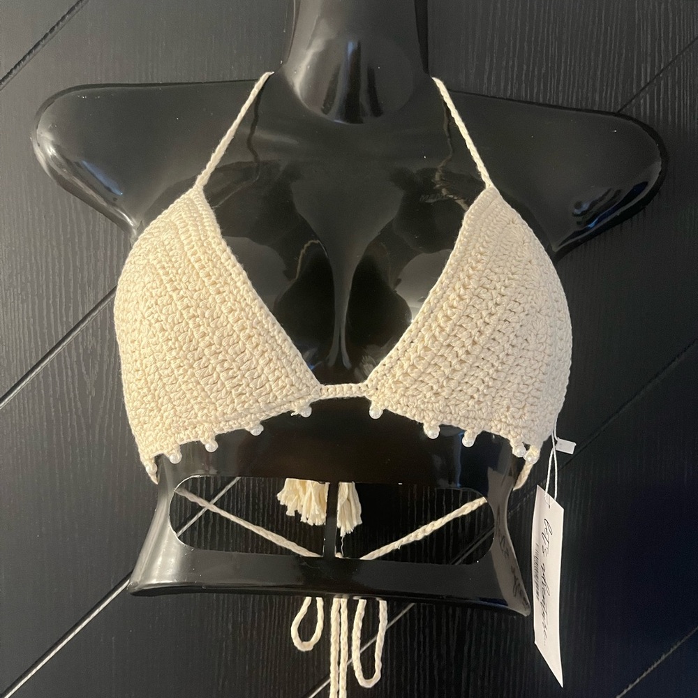 12th Tribe NWT Cream Crochet Triangle Bikini Top With Pearl Accent